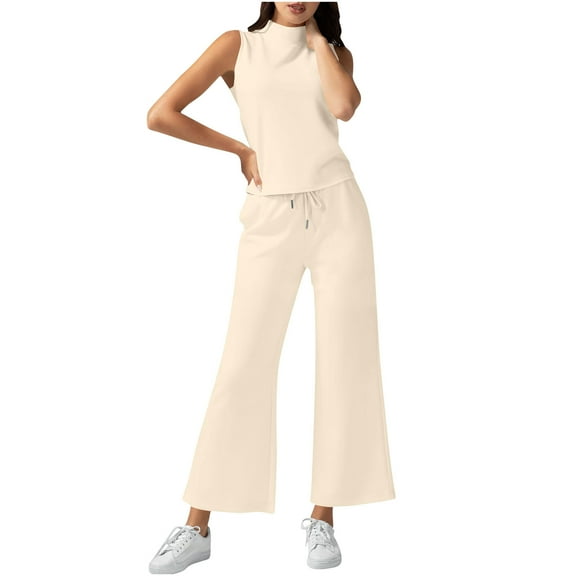 Women's Summer 2 Piece Outfits Mock Neck Tank Top Cropped Wide Leg Pants Lounge Sets 2025 Fashion Tracksuit