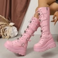thumbnail image 2 of SACFOF Pink Platform Boots Over Knee Thigh High Goth Boots for Women Chunky Heel Rave Motorcycle Boots with Buckles Side Lace Boots, 2 of 6