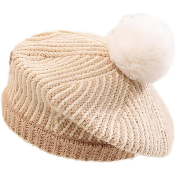LinYooLi Little Girl's Knit Beret Hat with Pompom Winter Warm Beanie Cap Artist Hat