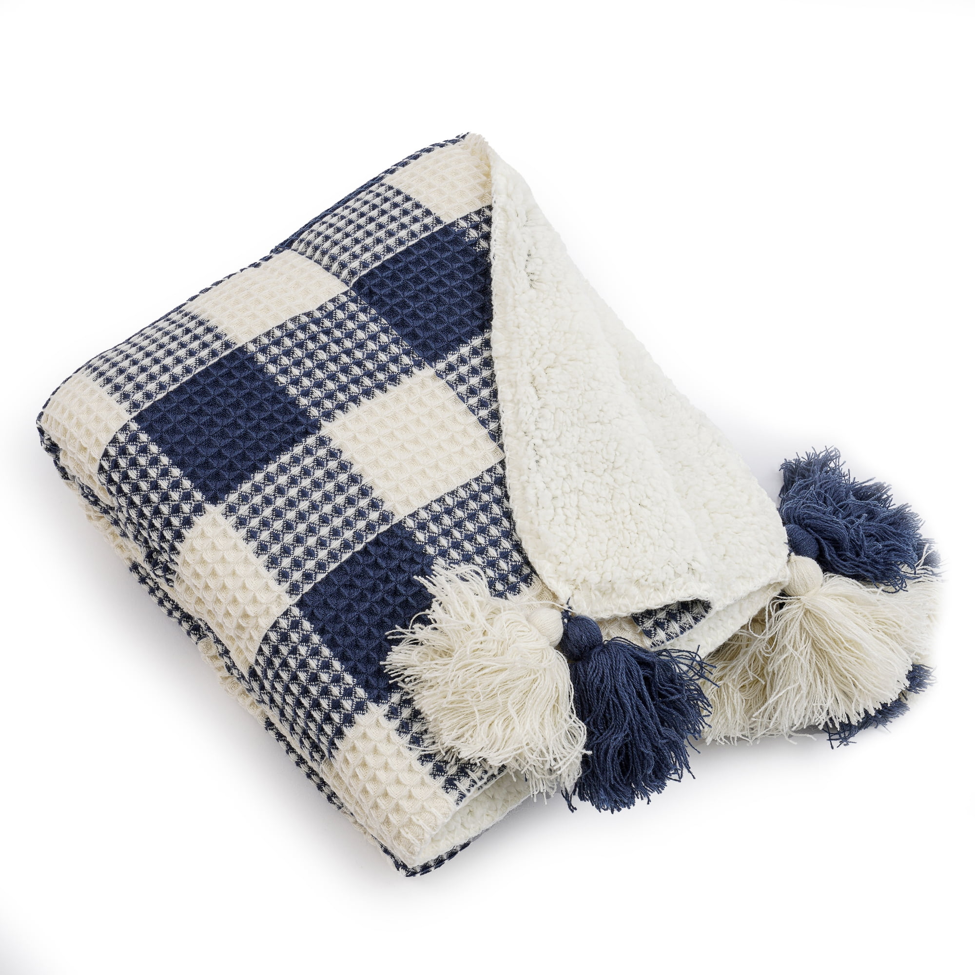 Buffalo Plaid Waffle Woven Reverse To Sherpa Throw Blanket With Tassels 50 X 60 Blue 4404