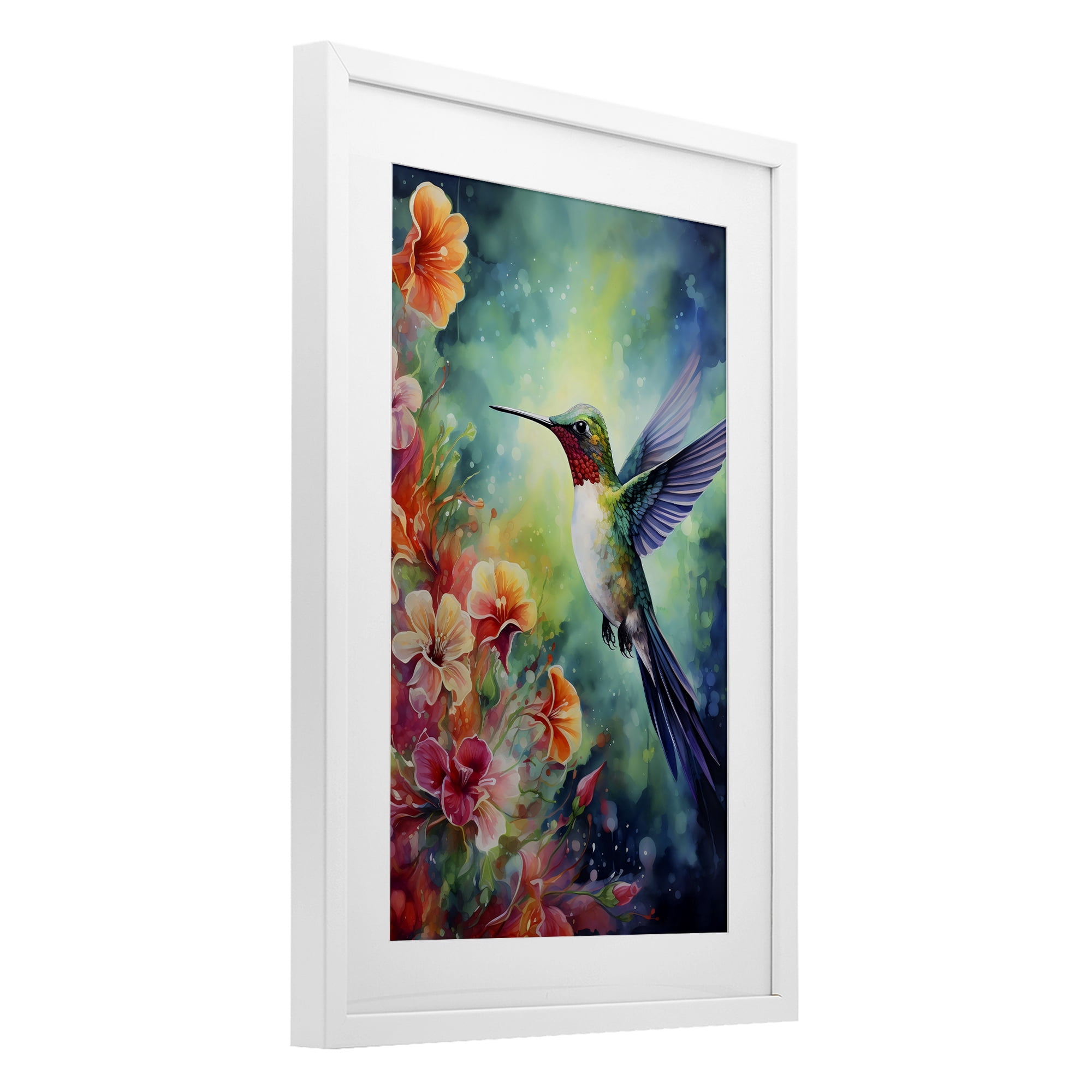 Stupell Industries Fluttering Hummingbird & Radiant Blossoms White Framed Print Under Glass, design by Creative Studio