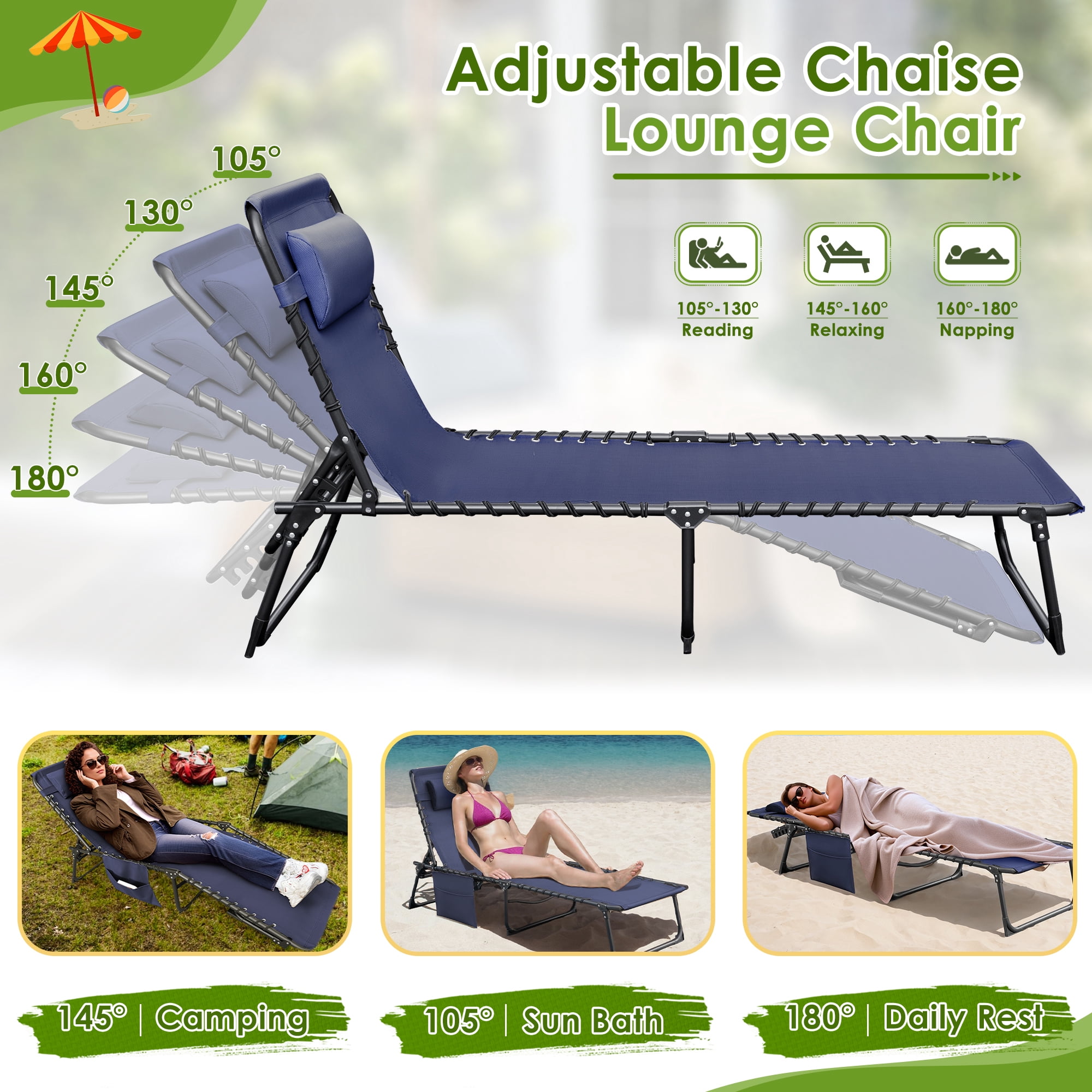 Devoko Metal Foldable and High 5 Position Adjustable Lounge Chaise, Blue