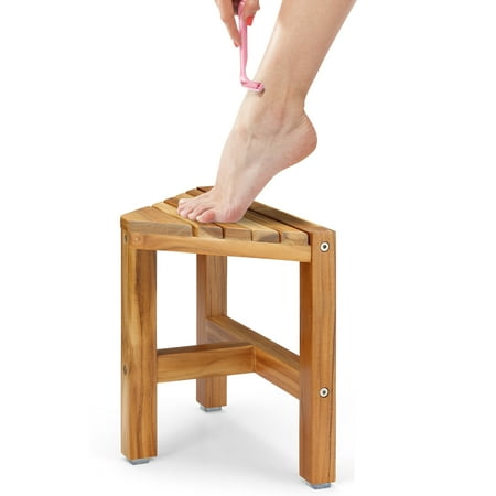 PERFNIQUE Teak Shower Stool, 12'' Shower Stool for Shaving Legs, Waterproof Small Corner Bench for Bathroom Livingroom (12’’)