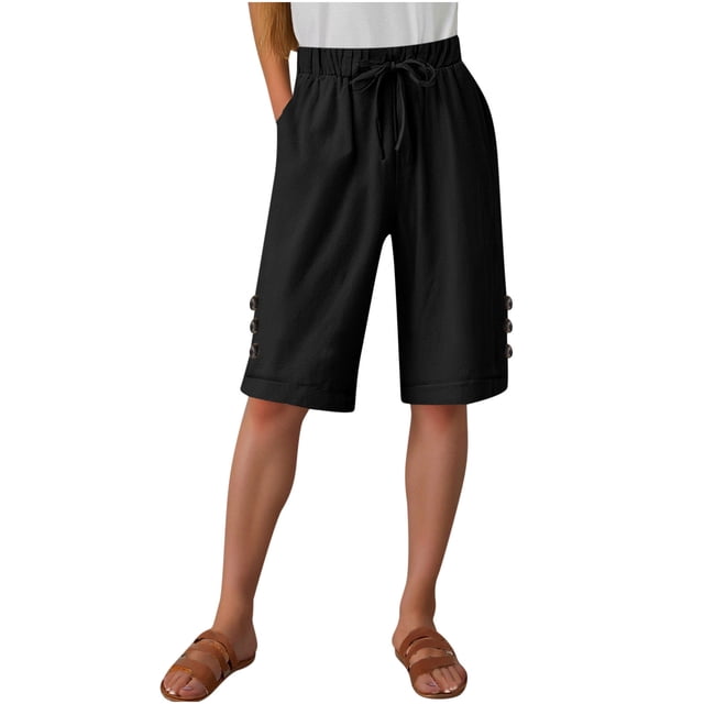 Shorts Mi-Longs pour Femmes Été Taille Élastique Boutons Décontractés en Lin avec Poches