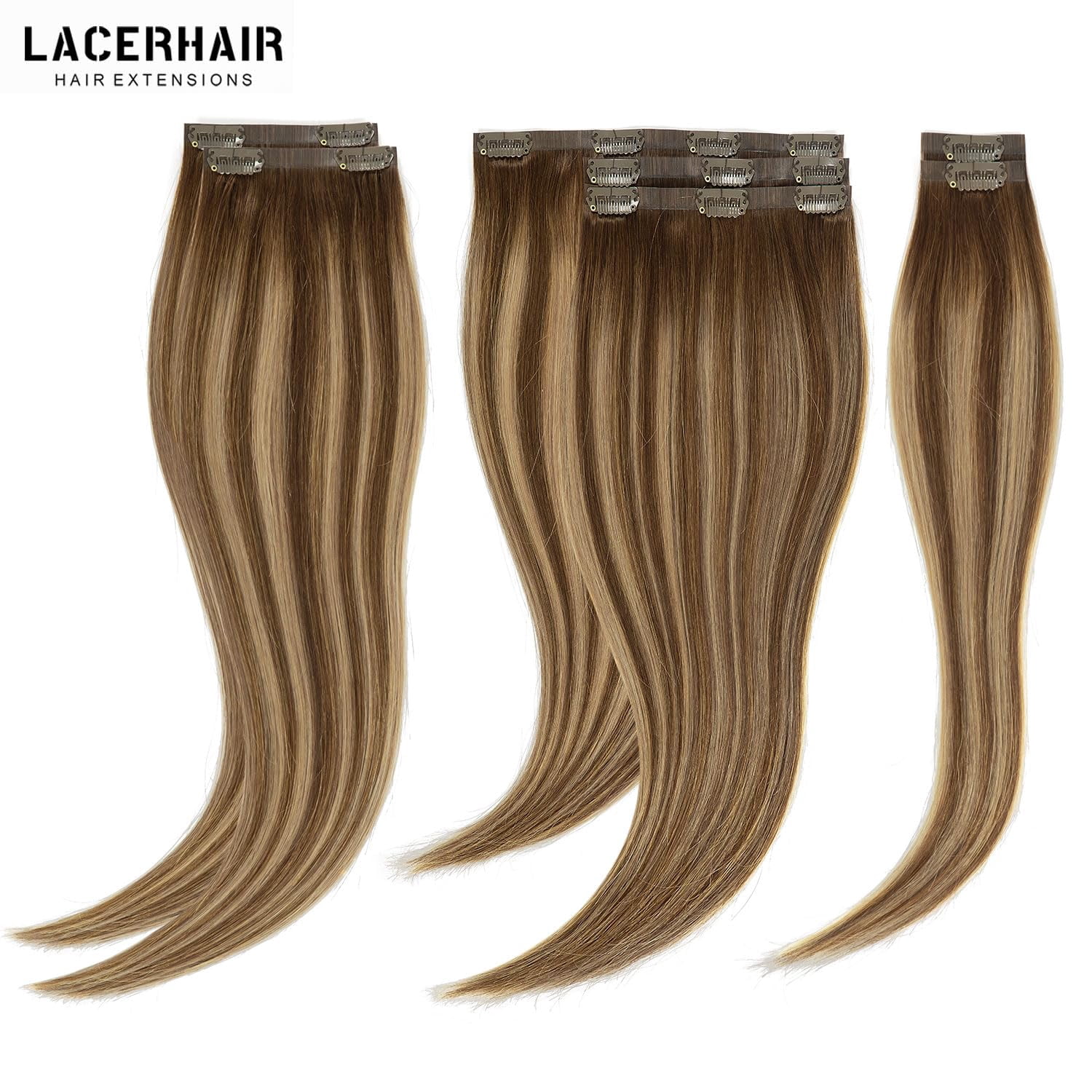 Lacer PU Clip in Hair Extensions Remy Human Hair Chocolate Brown to Caramel Blonde with Brown Roots 22 Inch Thick Remy Glam Seamless Light Hair Extensions with Skin-Weft Technology 110g 7pcs