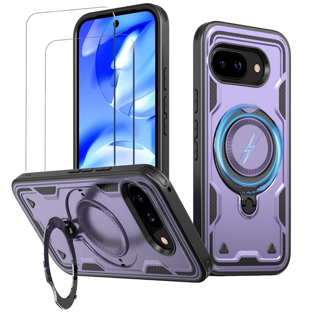 Pour Google Pixel 9A Case, Compatible avec MagSafe, 2 Pack Glass Screen Protector, Built-in KickStand Grip Ring, Heavy Duty Military Grade Shockproof Rugged Phone Étui pour Pixel 9A 6.3 Pouces(Purple)