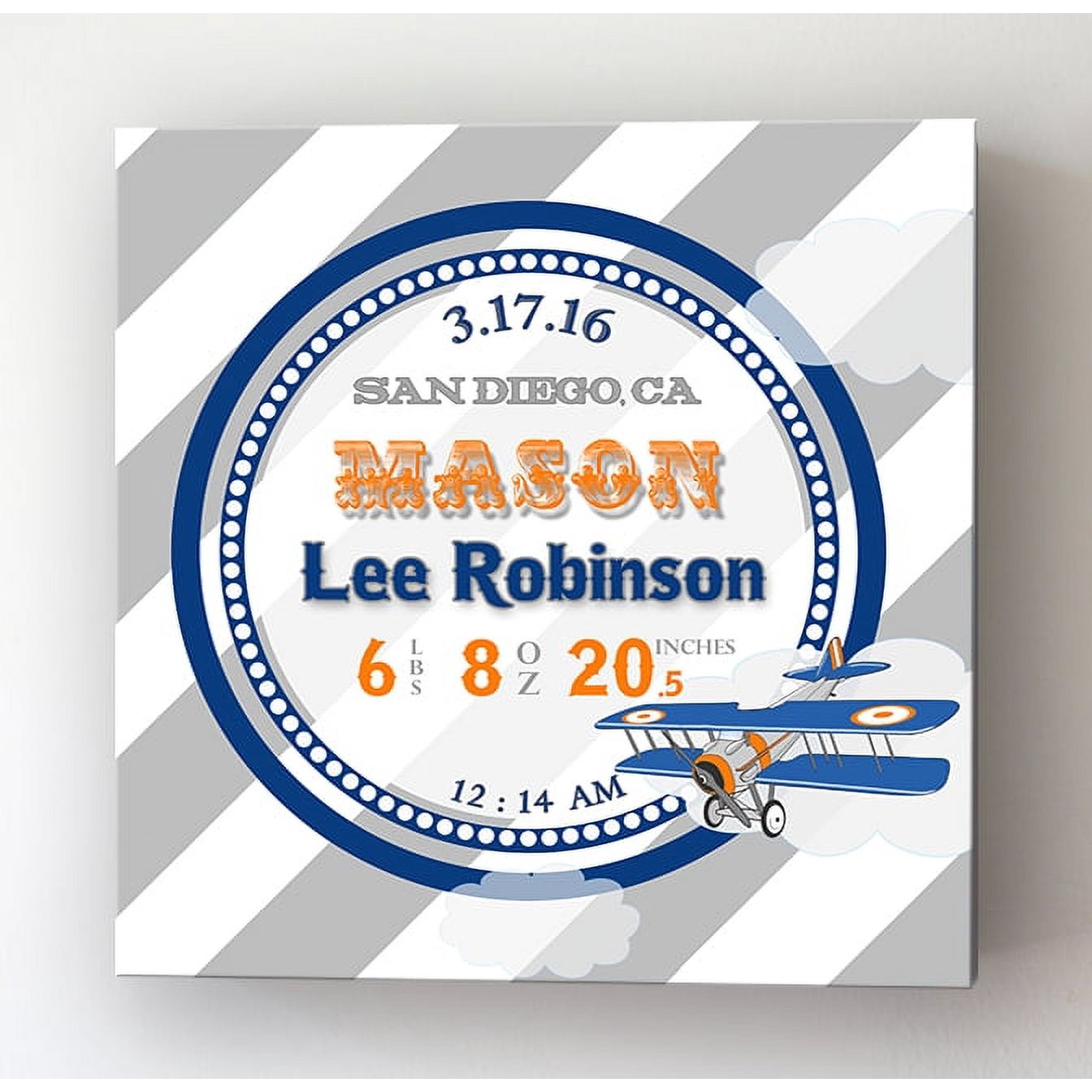 Personalized Canvas Birth Announcement Nursery Decor Gift, Airplane Design, Custom Name, Date, Weight & Length, Unique Boys & Girls Baby Shower Wall Art Presents, Color Gray # 1 , Size - 10x10