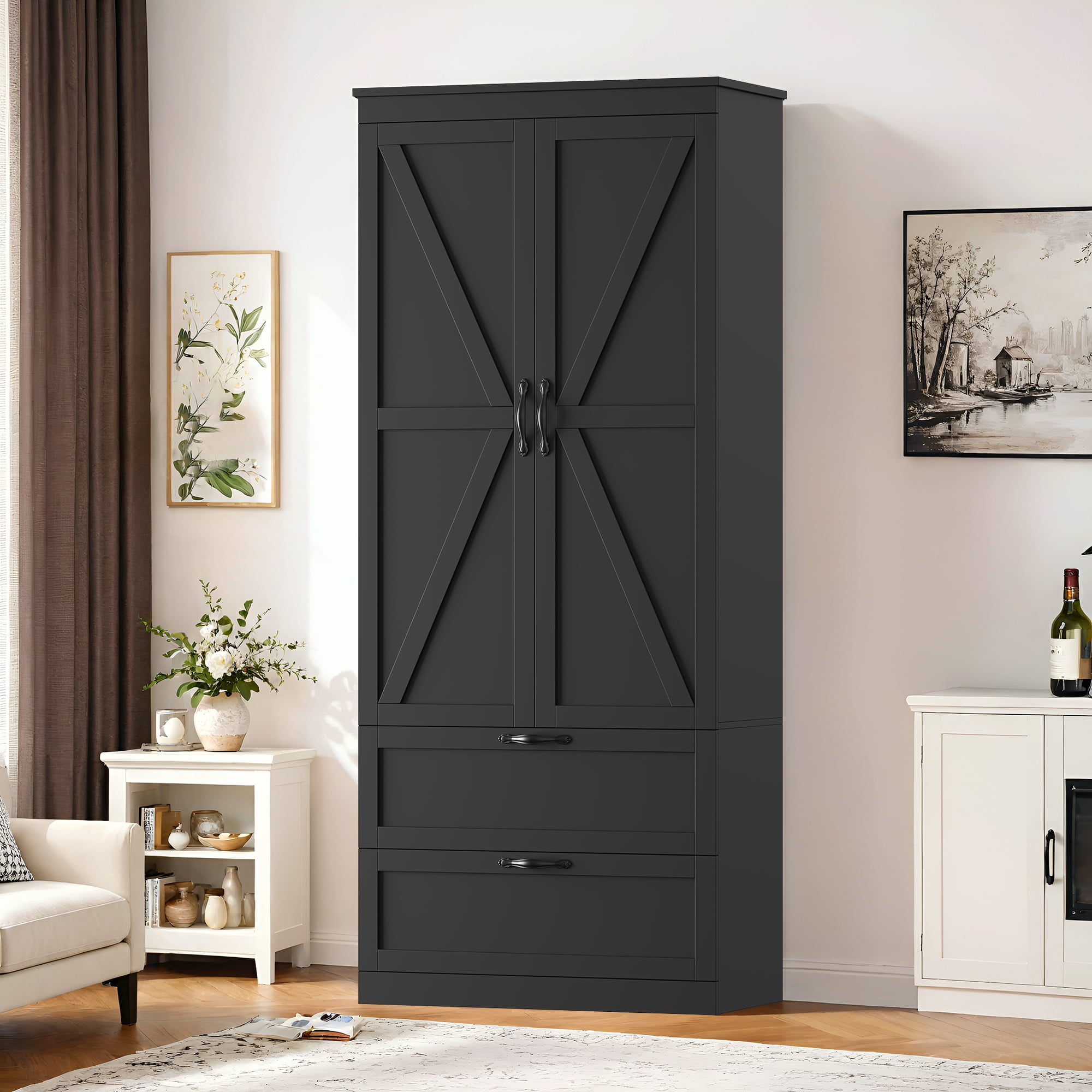 Homfa 70'' Tall Kitchen Pantry with Shelf & Drawer, Farmhouse 2 Door Pantry Storage Cabinet for Dining Room Living Room, Black