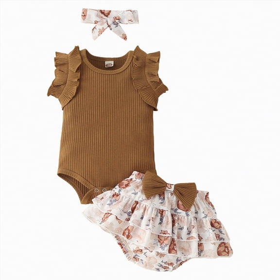 Ymyiu Girl Clothes Baby Girl Outfit Toddler Girl Romper Tutu Skirt with Headband Clothes Set 6 9 Months (Coffee,6-9 Months)