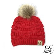 Knit beanie featuring faux fur pom pom, Red