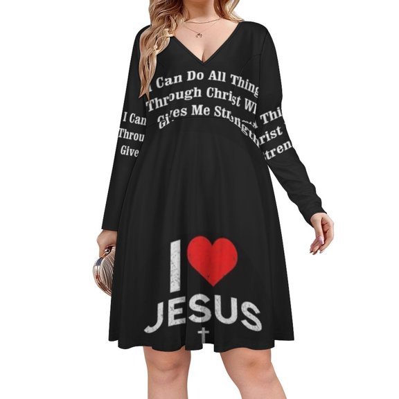I Love Jesus Long Sleeve Sexy Dresses For Women Ladies Vintage Elegant Party Dress Oversized V-neck Dress