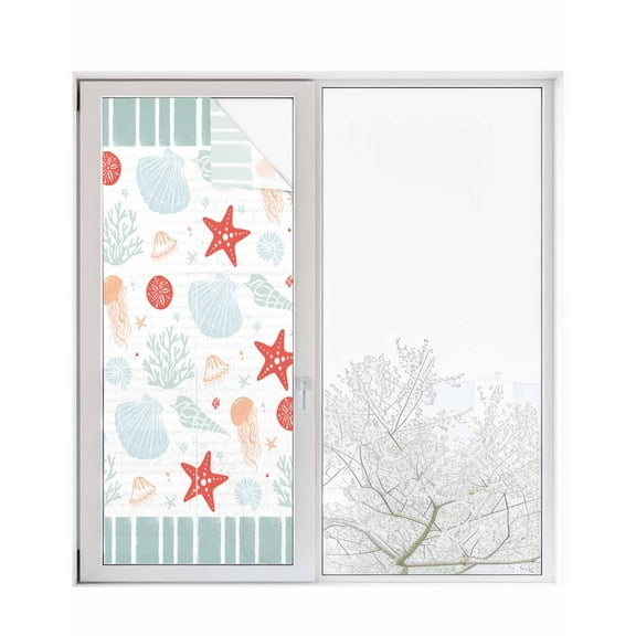 Window Privacy Film, Light Green Red Coral UV Sun Blocking Window Tint Film Heat Control One Way Blackout Window Film, Coastal Nautical Ocean Beach Starfish Non Adhesive Static Cling 29.5x78.7 In