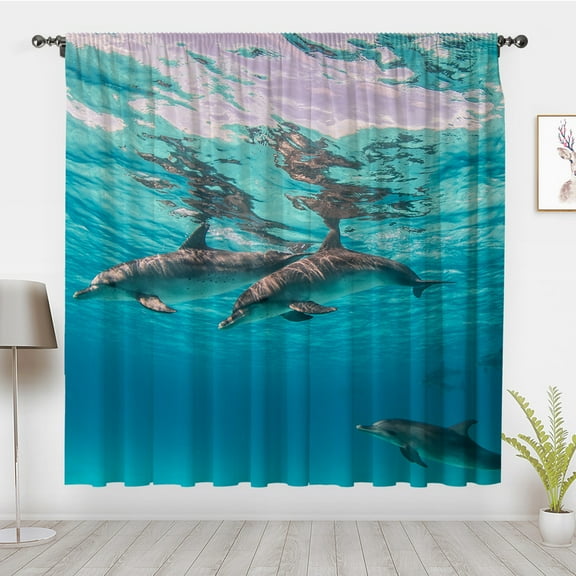 Blue Underwater World Window Curtains, Dolphin Swimming Ocean Window Treatments, For Blackout Curtain Bedroom living room privacy Decor(Rod Pocket)