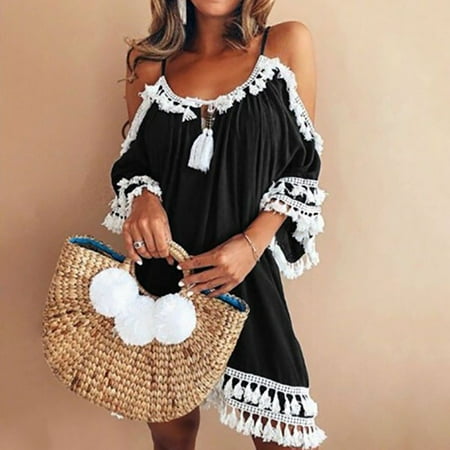 Summer Tassel - Fysho Women's Summer Spaghetti Strap open-shoulder Tassel Patchwork Loose Mini Dress