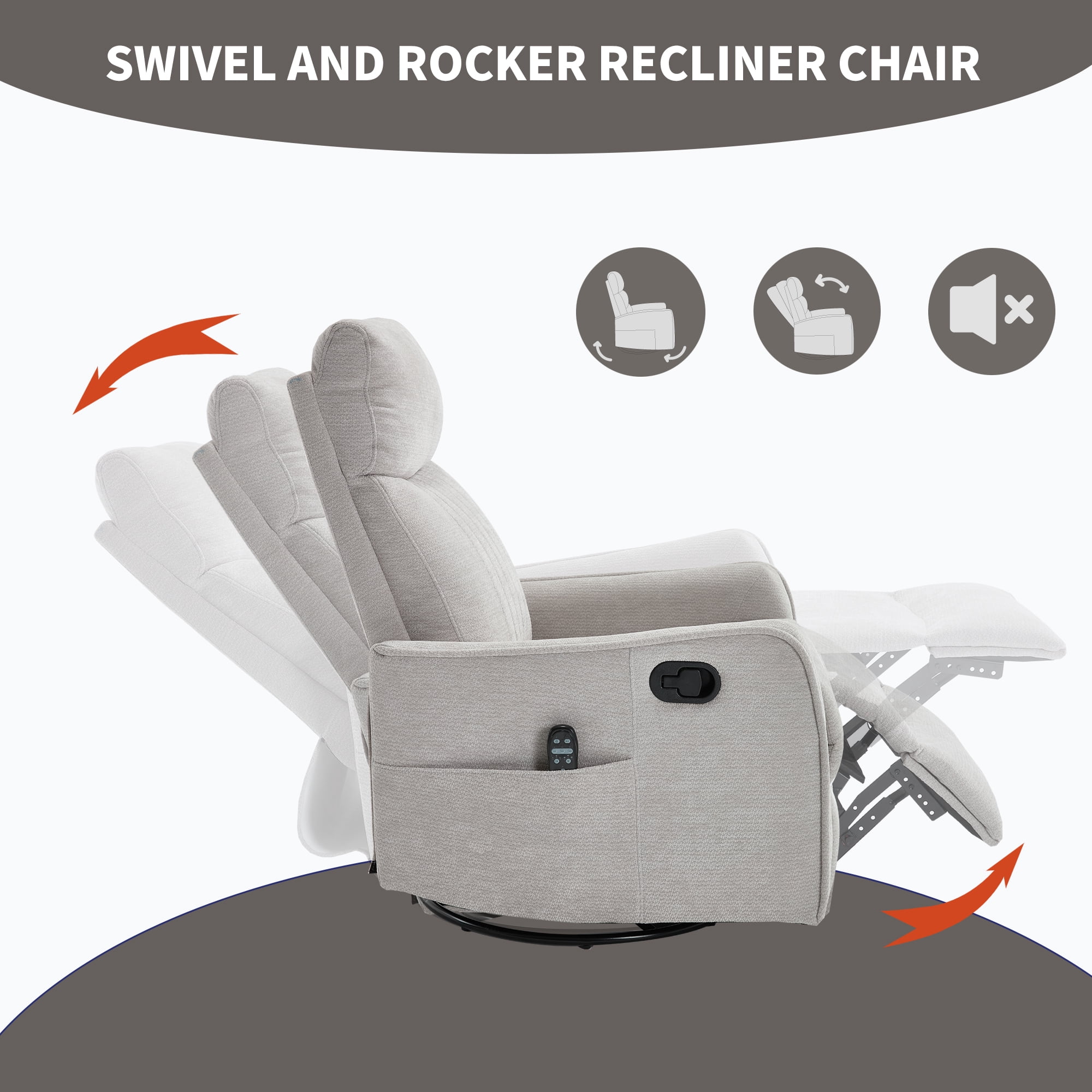 Gewnee Manual Recliner with 360°Swivel Rocker,8-Point Massage Recliner Chair with Heating,Comfy Single Sofa with Side Pockets for Living Room,Bedroom.Light Gray Chenille