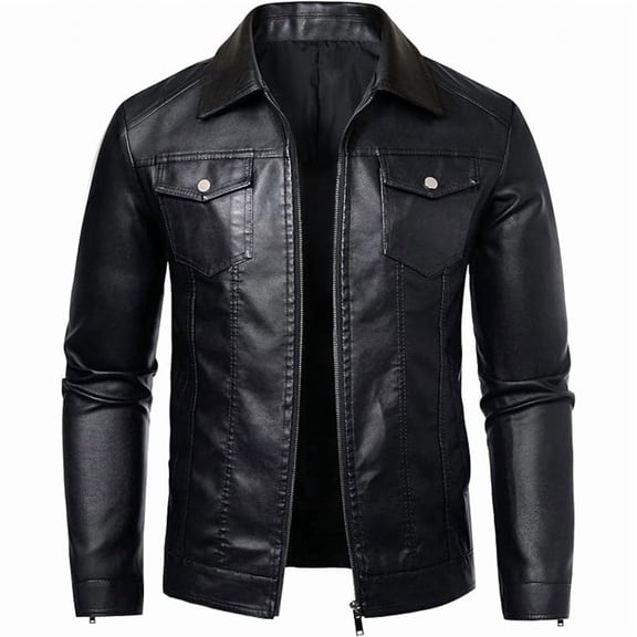 JIMLAXER Men's Casual Pu Leather Trucker Jacket Lapel Collar Motorcycle Coat with Zipper