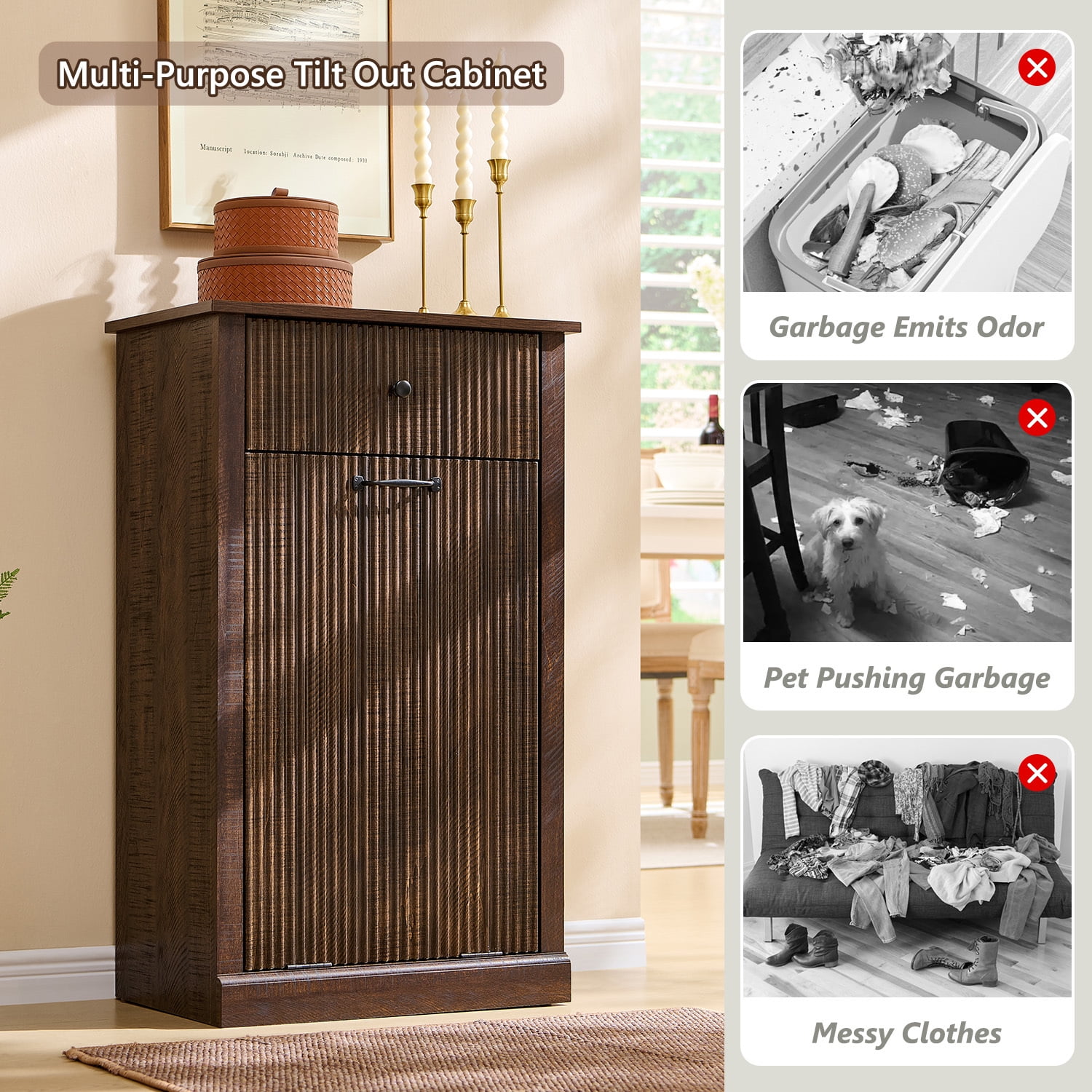 IFGET Fluted Tilt-Out Trash Can Cabinet, 10 Gallon Wood Hidden Garbage Can Cabinets with Storage Drawers, Laundry Hamper Cabinet for Bathroom, Kitchen