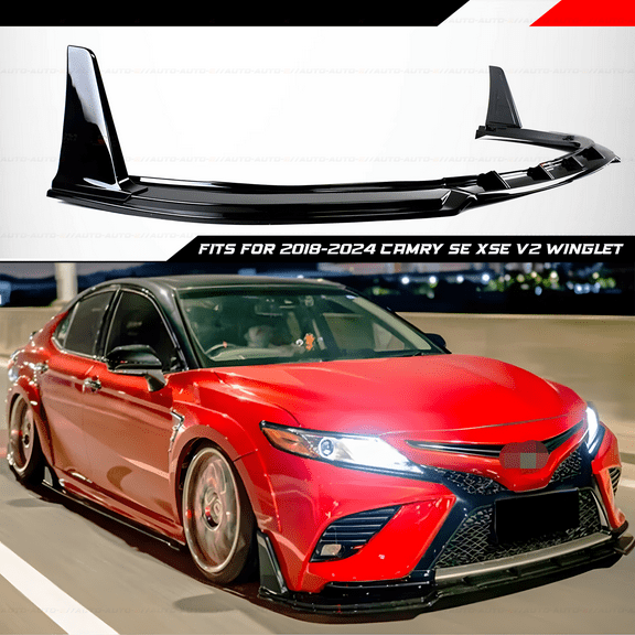 FOR CAMRY SE XSE 2018-2024 V2 WINGLET GLOSS BLACK FRONT BUMPER LIP SPLITTER ABS