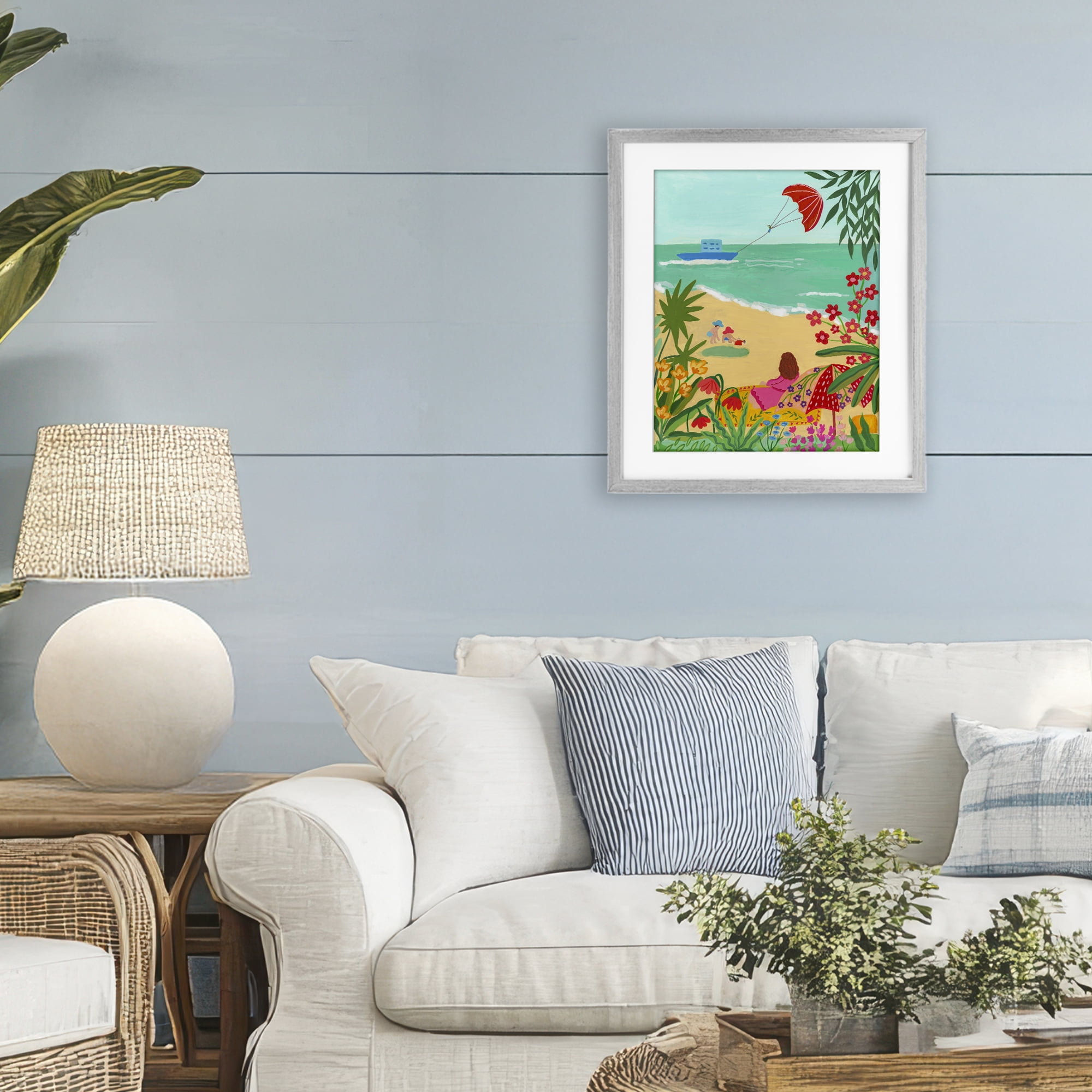Beach And Flowers View Gray Framed Print Under Glass, design by Nabeela Rumi