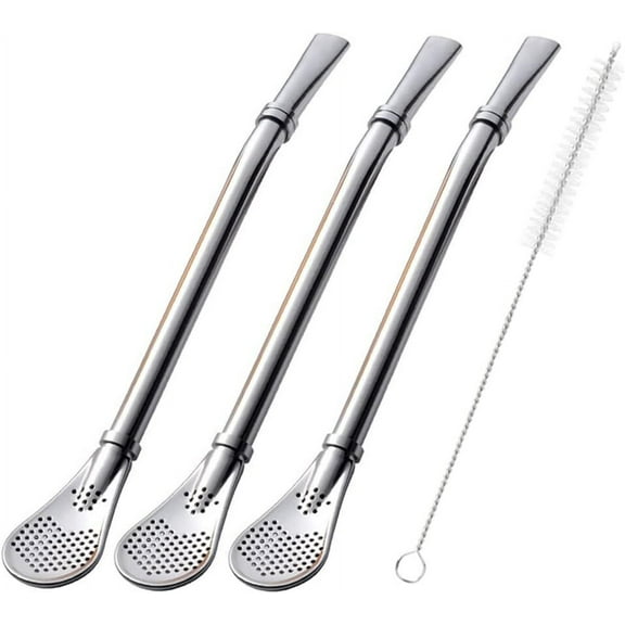RUseeN Yerba Mate Straws, 3 Pcs Reusable Tea Coffee Cocktail Stainless Steel Bent Smooth Flow Drinking Stir Filter Spoon Straws with Cleaning Brush (silver)