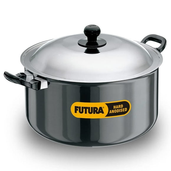 Futura Black Aluminium Cook N Serve Stewpot 8.5 Liters, 28 Cm, 4.06mm | Hard Anodised Sauce Pan With Stainless Steel Lid, Cooking Pot With Two Handles (AST85)