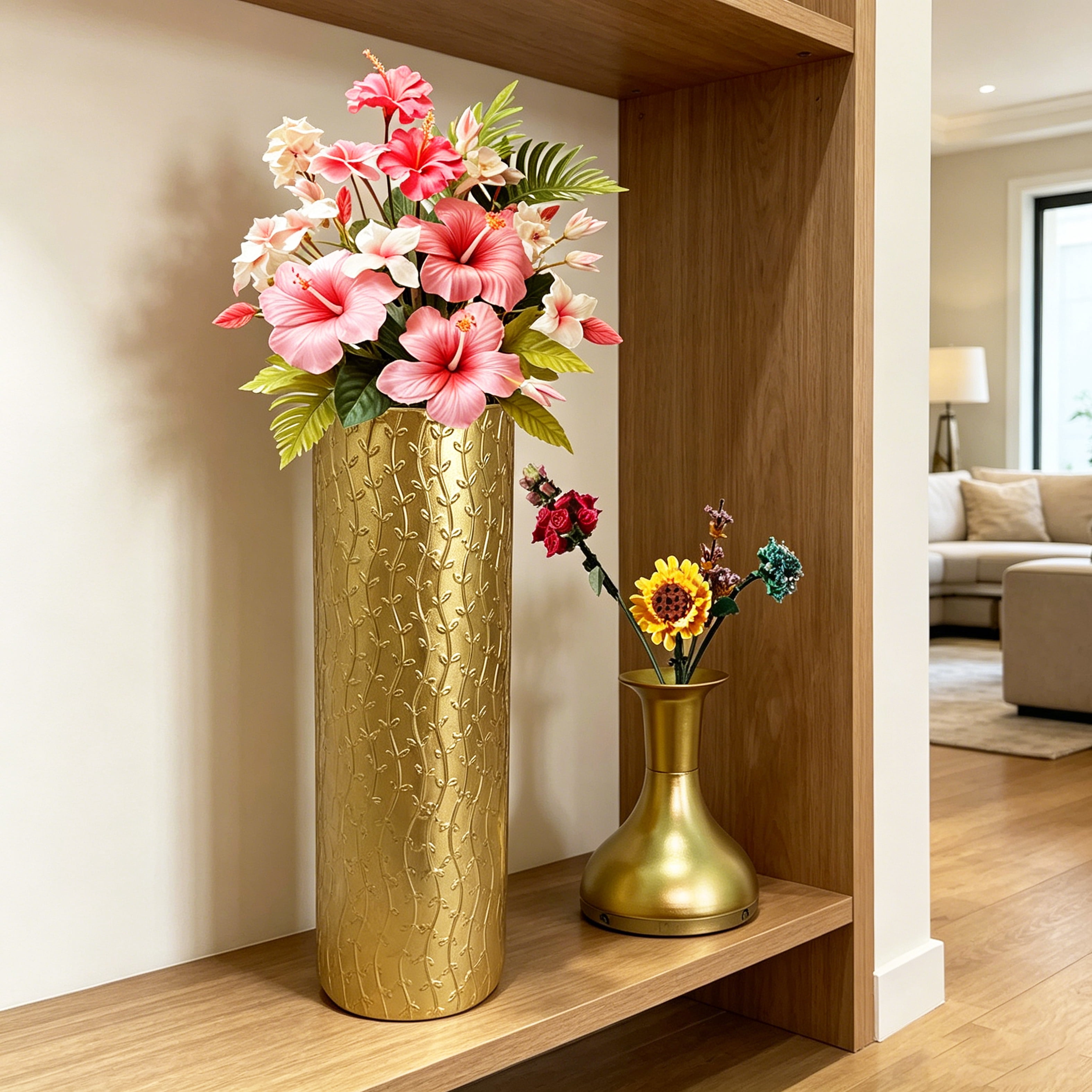 Metal Floor Vases Set of 3 with Leaf Pattern, Tall Decorative Vases and Home Decor Accents for Living Room Entryway, Gold