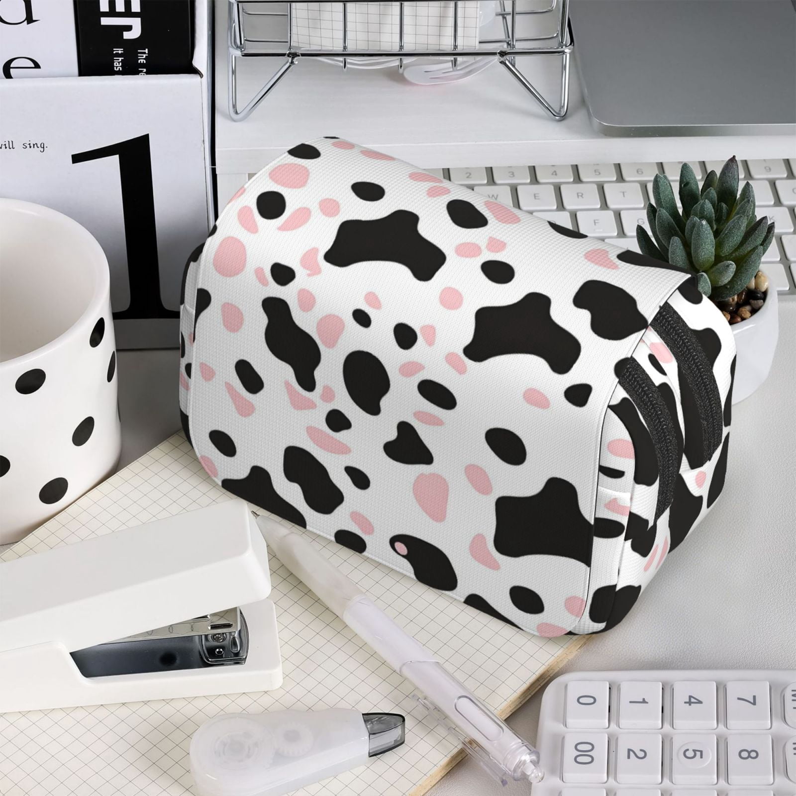 Large-Capacity Flip-Top Double-Layer Pencil Case, Multi-Functional Pocket Pen Case, Durable Stationery Organizer Simple Cow Print Pattern White Background, Pink And White_1