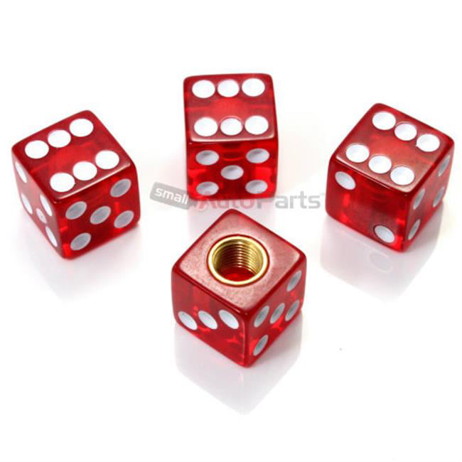 #26 DUDDS DICE RED OPAQUE w/WHITE DOTS VALVE STEM CAPS 4 PACK 