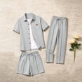 thumbnail image 2 of Eryao Big and Tall Mens Summer Beach Outfit Set 3 Piece Waffle Knit Short Sleeve Button Down Shirts Matching Pants and Shorts with Pockets Casual Color Block Lounge Sets,Gray,XXXL, 2 of 6