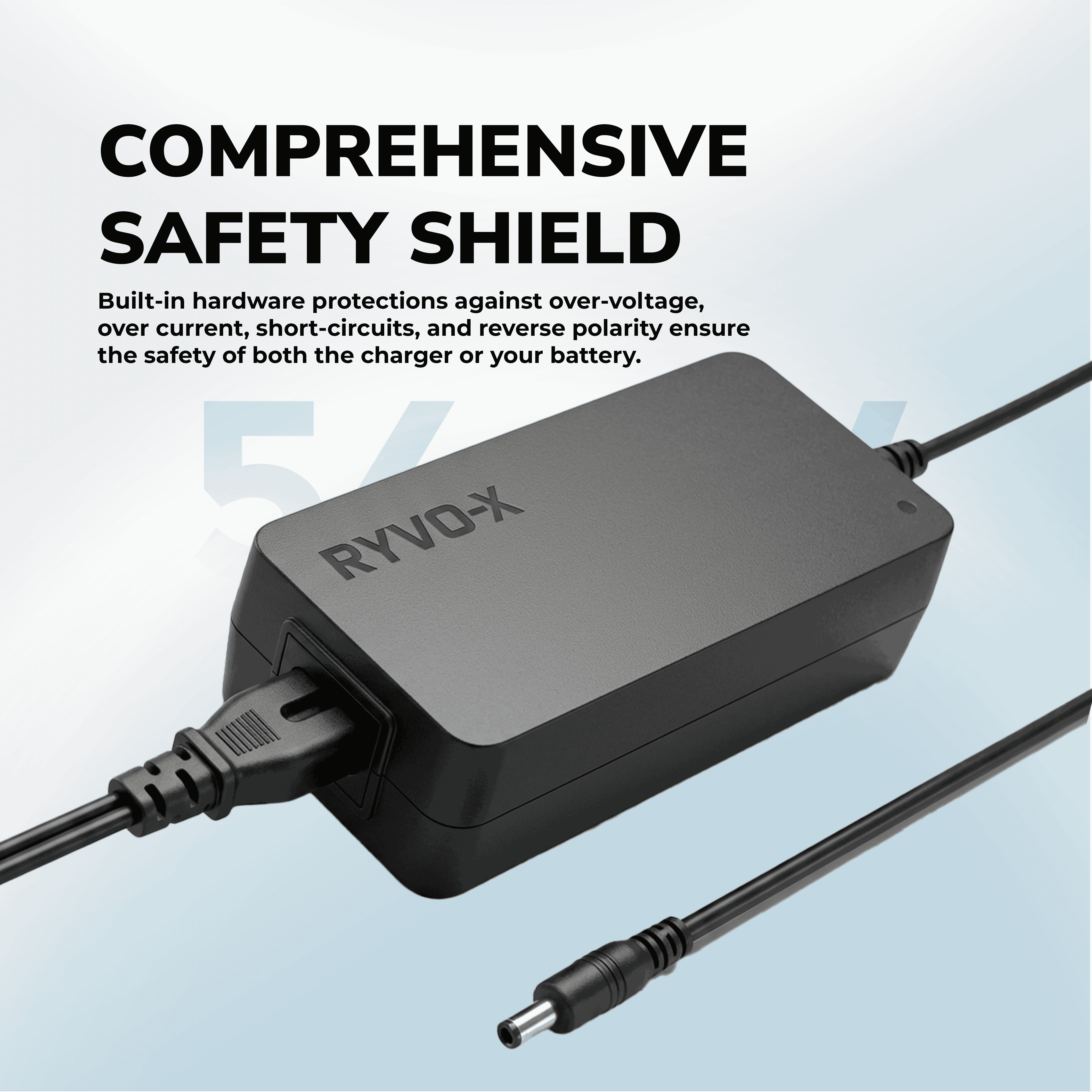 Ryvo-x 54.6V 2A 5.5 x 2.1mm DC Charger for 48V Lithium Ion Battery, UL Certified