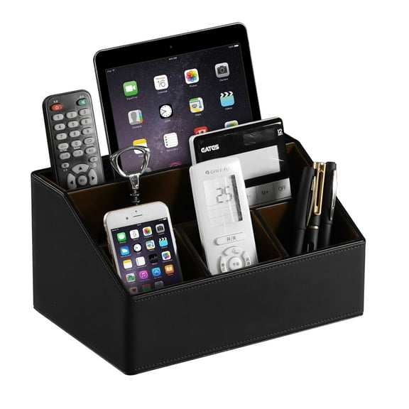 MEIBOOCH PU Leather Desk Organizer, Luxury Remote Control Holder for Home, Office Desk Accessories Table Caddy Bedside Nightstand Organizer (Black)