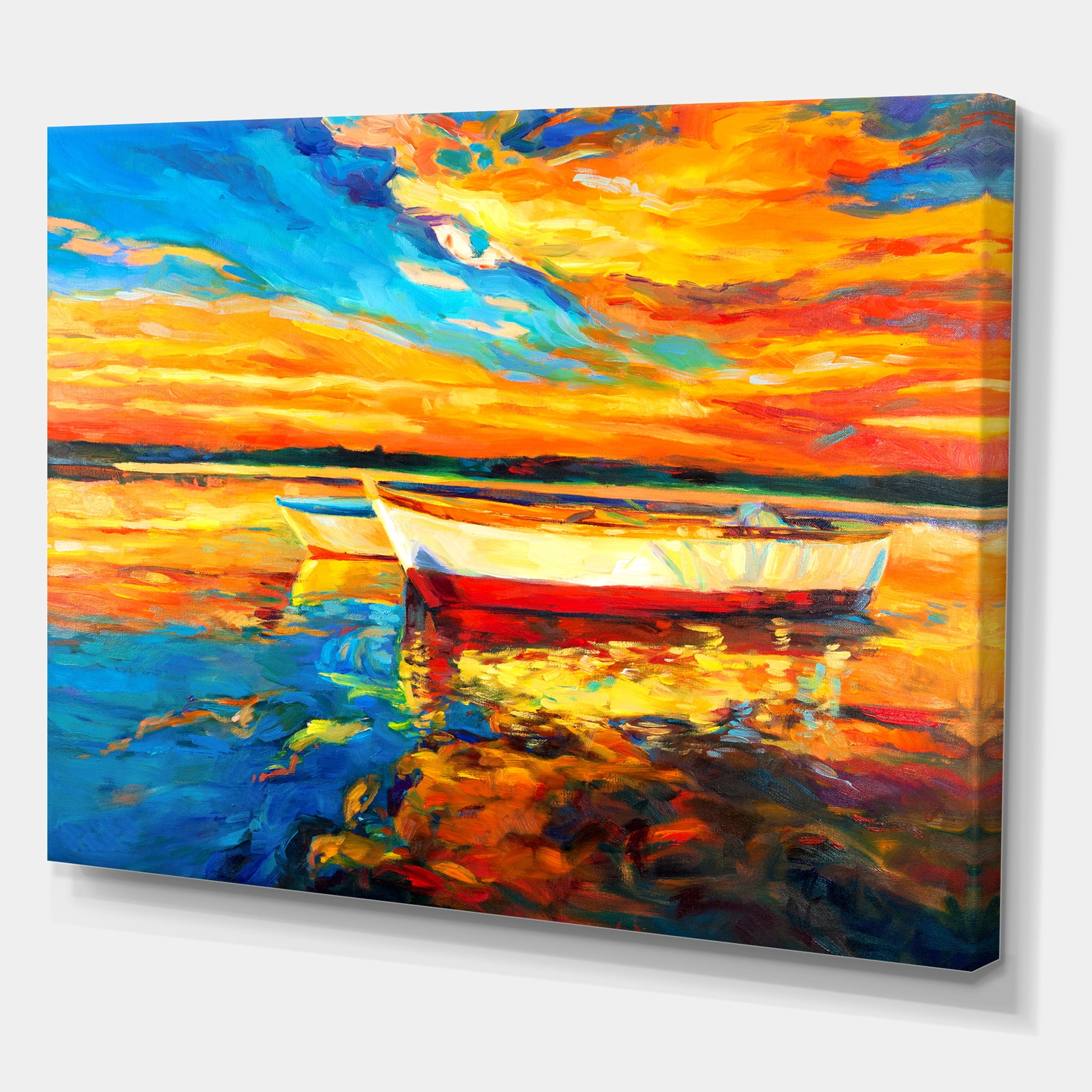 Designart ' Red and White Boats By The Pier At A VIbrant Sunset ' Nautical & Coastal Canvas Wall Art Print