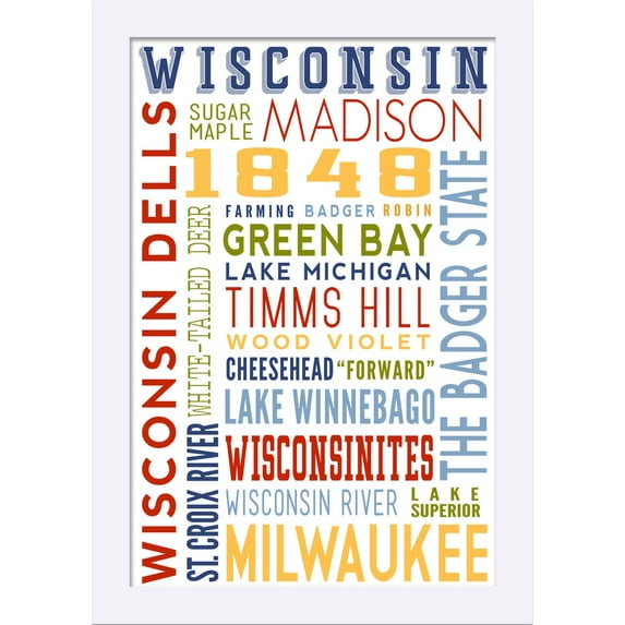 Wisconsin Dells, Wisconsin - Typography - Lantern Press Artwork (12x18 Giclee Art Print, Gallery Framed, White Wood)