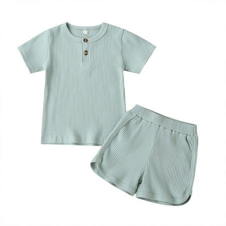 

TheFound 2PCS Toddler Unisex Baby Boy Girl Summer Clothes Short Sleeve Button T-Shirt Tops+Short Pants Knit Ribbed Outfits