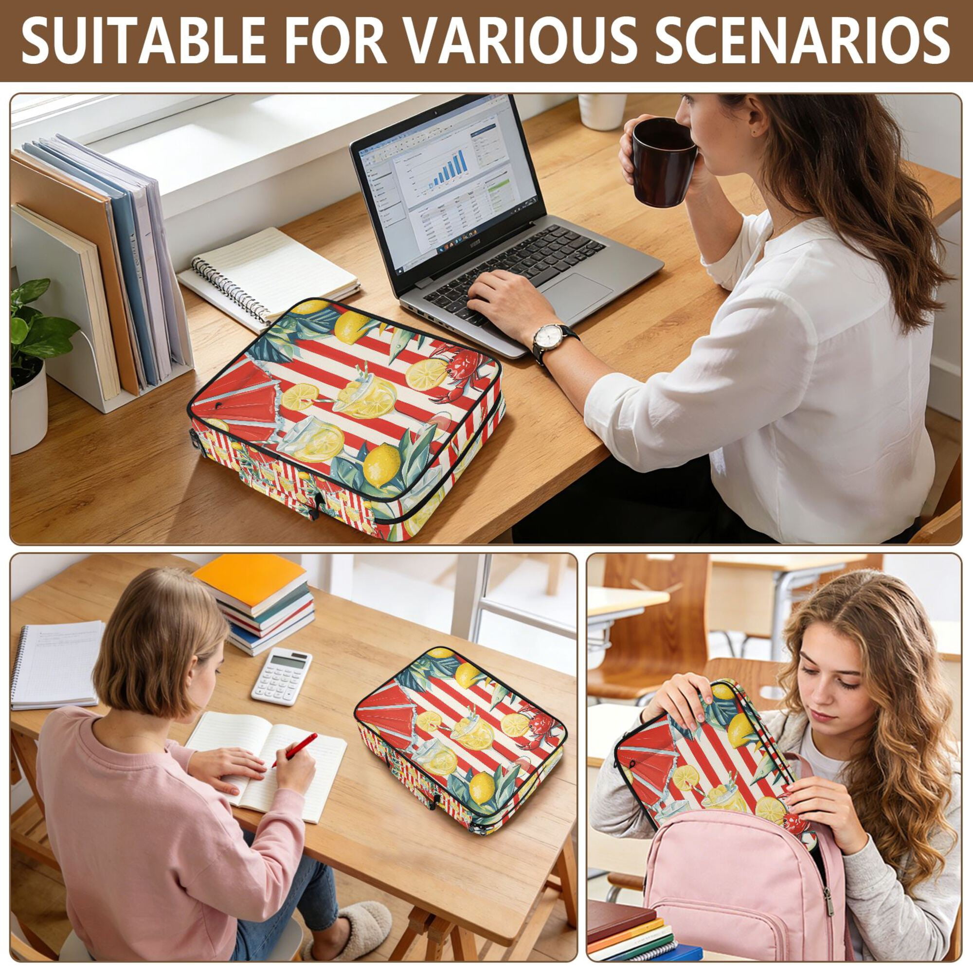 FORMRS Accordion File Folder A4 Size 7-Pocket Expanding Document Organizer Bag with 3 Ring Binder, White Striped Lemon