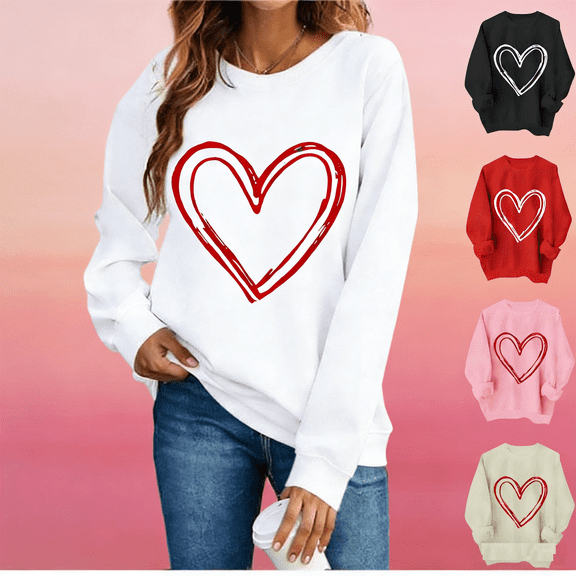 Zorckvet Womens Sweatshirts Valentine's Day Heart Print Crewneck Long Sleeve Shirts for Women Clothes Oversized Tops for Girls Casual Sweatshirts