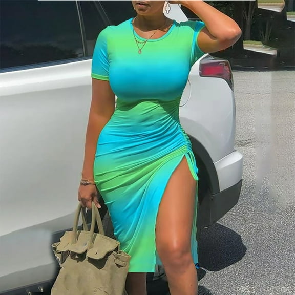 Lilgiuy Women's Comfortable Summer Short Sleeve Round Neck Printed Drawstring Slitting Dress Ethnic Versatile Style Sundress