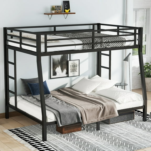 Metal Full XL over Queen Bunk Bed for Teens and Adults, Space-Saving Heavy Duty Bunk Bed with Noise Reduction, No Box Spring Needed, Under Bed Storage, Black