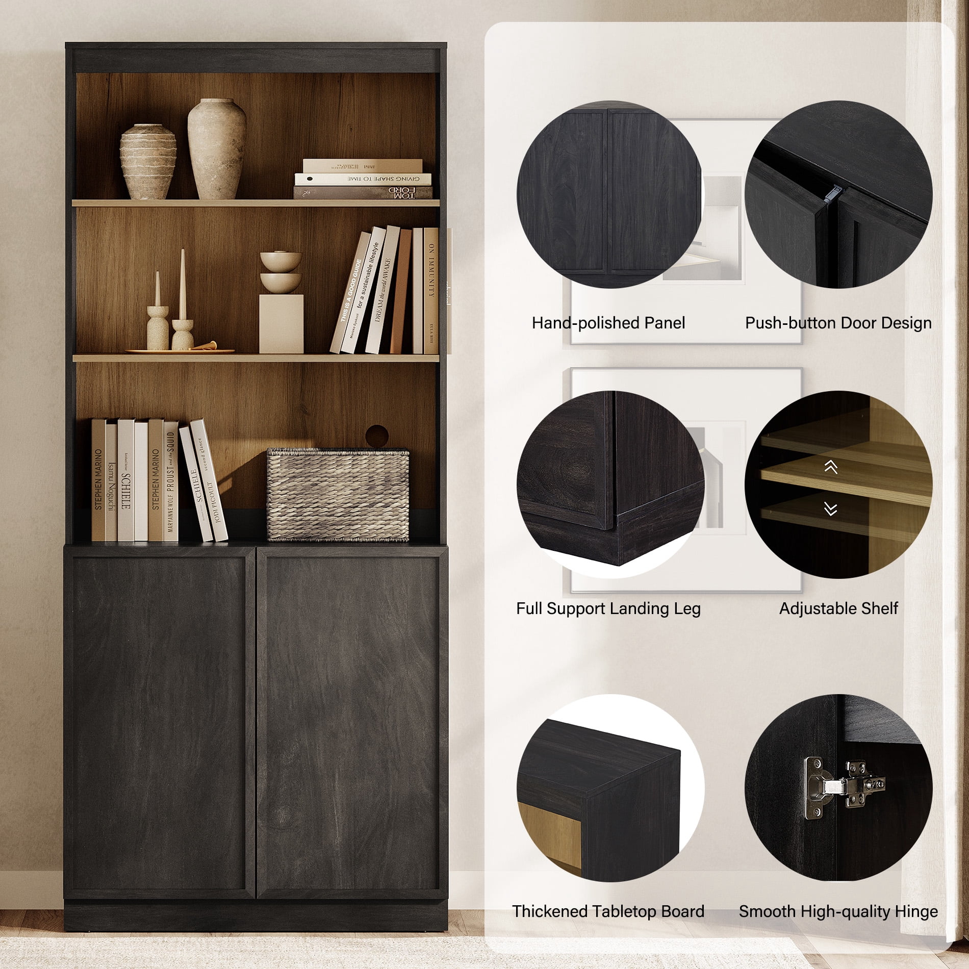 Modern Wood Sideboard Buffet with Doors & Adjustable Shelves, 72" Tall Storage Cabinet for Dining Room Kitchen,Black