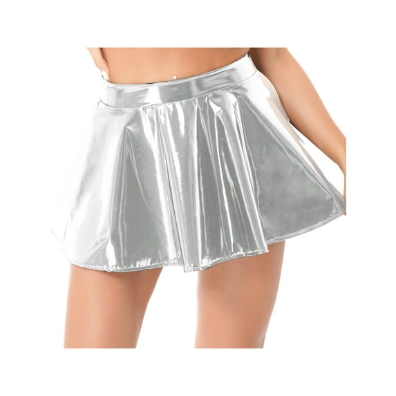 IEFIEL Womens Glossy Patent Leather A-Line Zipper Skirt Flared Miniskirt Invisible Zipper Mini Skirt Silver XL