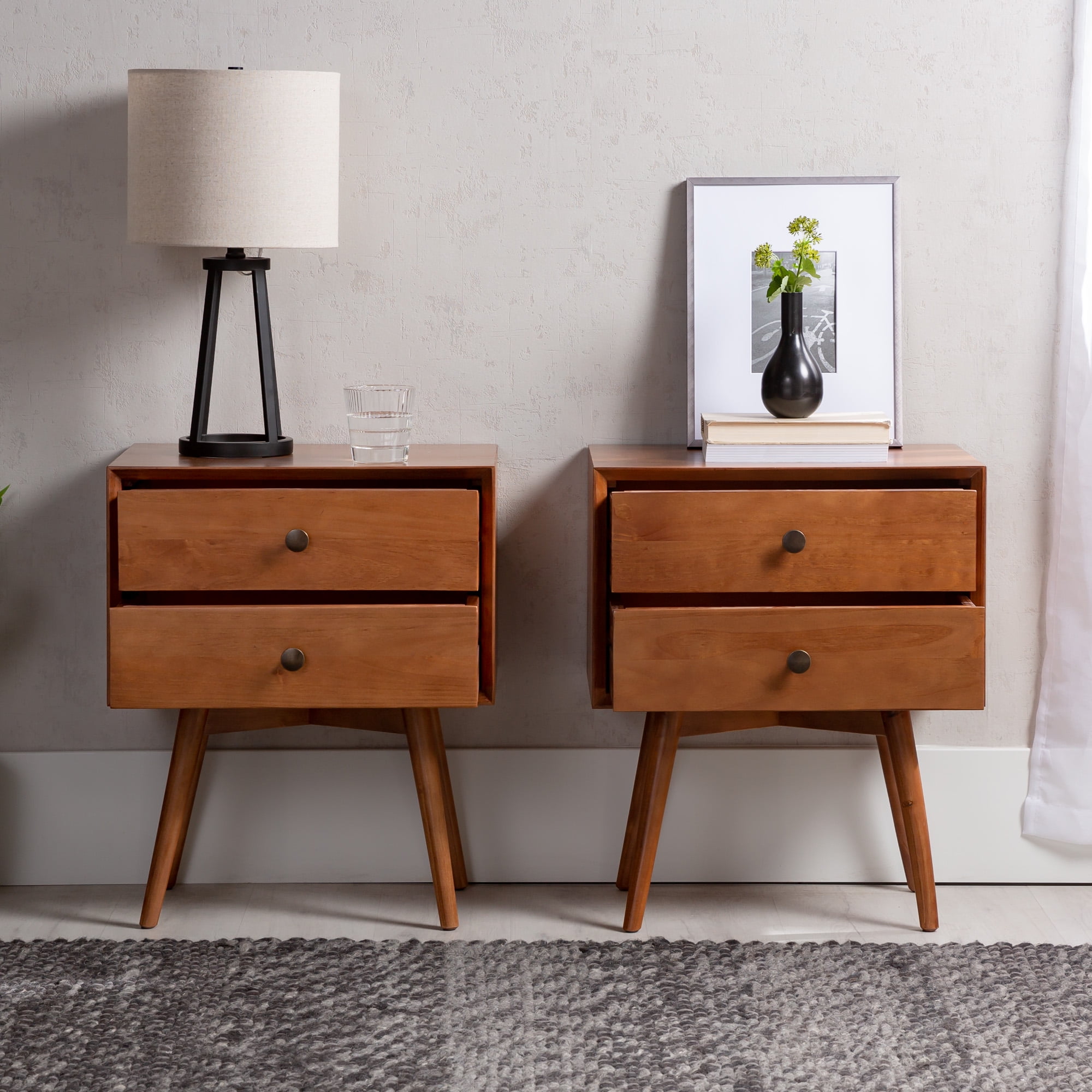 Walker Edison 2-Drawer Wood Nightstand, Set of 2, Caramel