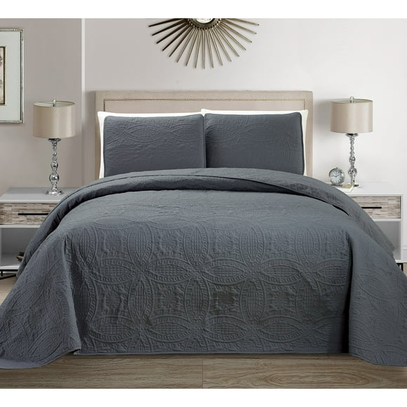 Mk Collection 3pc Full/Queen Solid Embossed Bedspread Bed Cover Over Size Dark Grey New