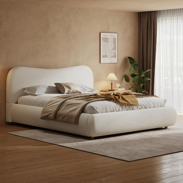 Queen Size(60''×80'') Platform Bed, Luxurious Boucle fabric Upholstered Bed, With Smooth Curved Headboard and Sturdy Low-Profile Frame, No Box Spring Needed, White
