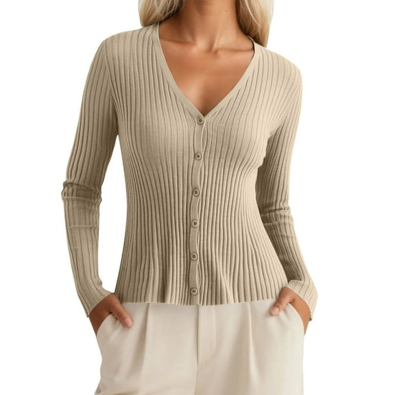 Bibifish Womens Cardigan Sweaters Fall Slim Fit Long Sleeve Botton Down Knit Cardigans Solid Color V Neck Casual Formal Sweater Tops