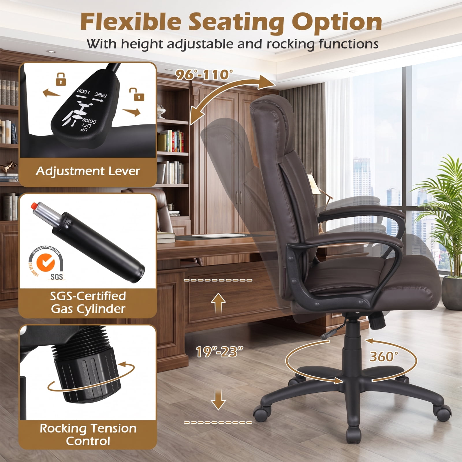 Furnibear Faux Leather Office Chair Computer Desk Chair with Rocking Function Padded Armrests Height Adjustable Swivel Seat and Casters, Brown