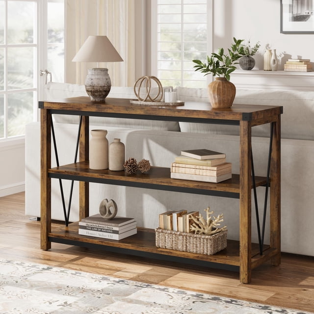 BeesClover Table d'Entrée Style Ferme, Console Étroite Longue de 47 Pouces avec Rangement, Console en Bois à 3 Niveaux