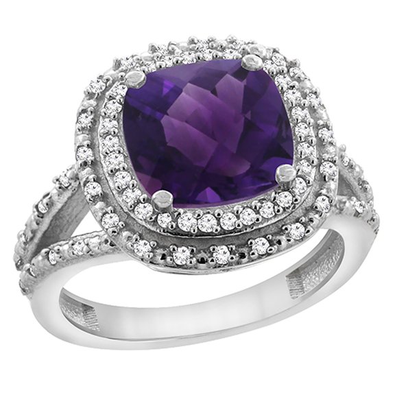 14K White Gold Natural Amethyst Ring Cushion 8x8 mm with Diamond Accents, size 8