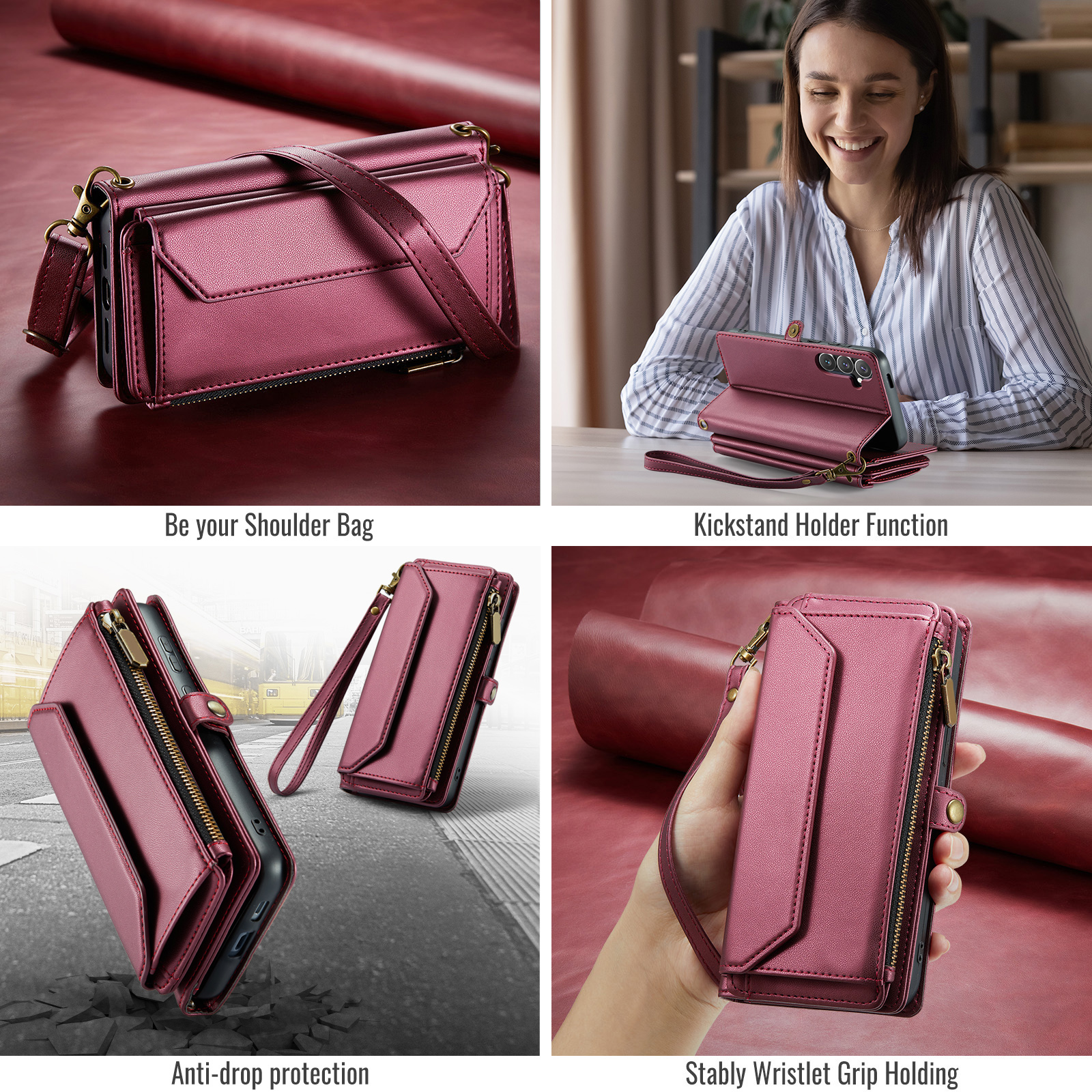 Compatible with Samsung Galaxy S24 FE 5G Zipper Wallet Phone Case Tempered Glass Screen Protector Crossbody Lanyard Strap Flip Card Holder Slot Cell Cover for S 24 EF AI S24FE 24S Women Wine Red
