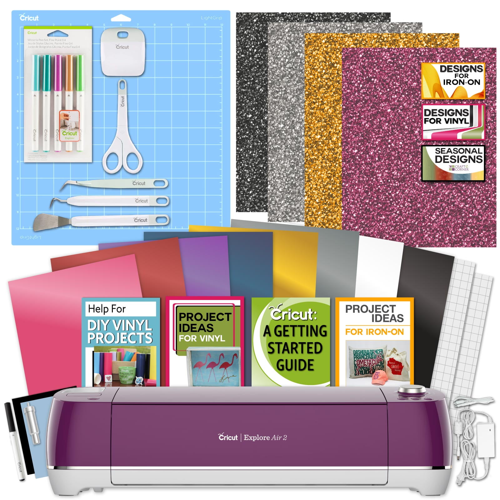  Cricut Explore Air 2 Bundle - Craft Cutting Machine with Tool  Kit, Vinyl, Glitter Iron-On, Pen Set, and Materials to Get Started : Arts,  Crafts & Sewing