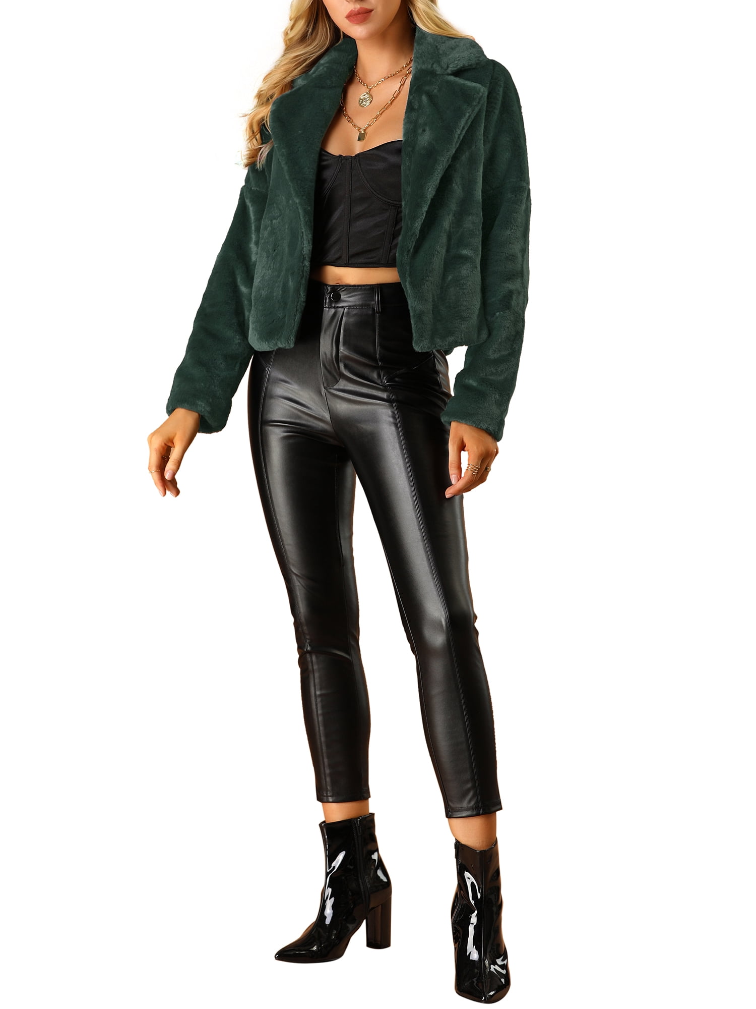 DARING DIVA Women's Cropped Jacket Notch Lapel Faux Fur Fluffy Coat M Dark Green